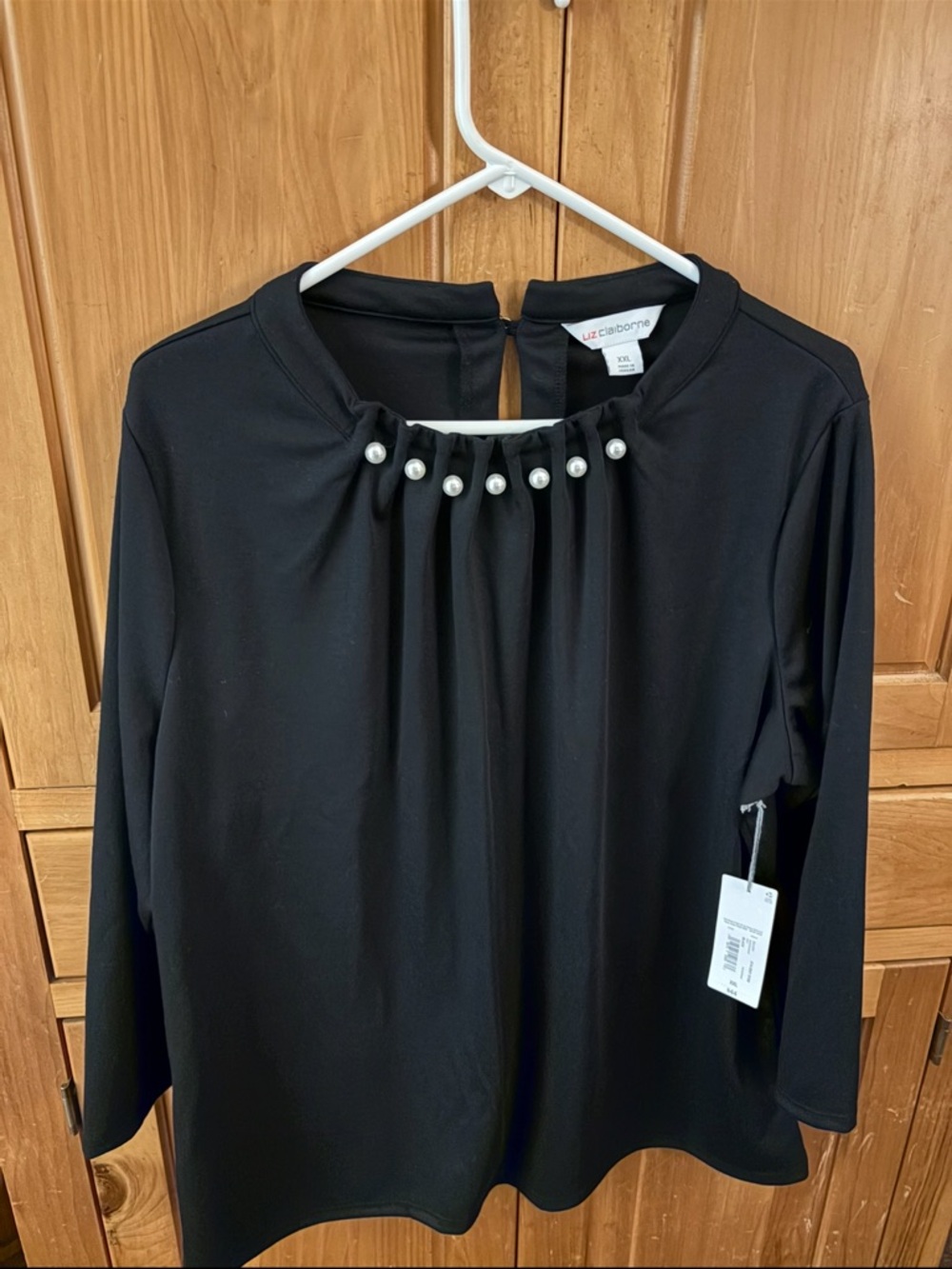 NWT Liz Claiborne Black Pearl Embellished Pleat Neck Blouse - Women’s XXL